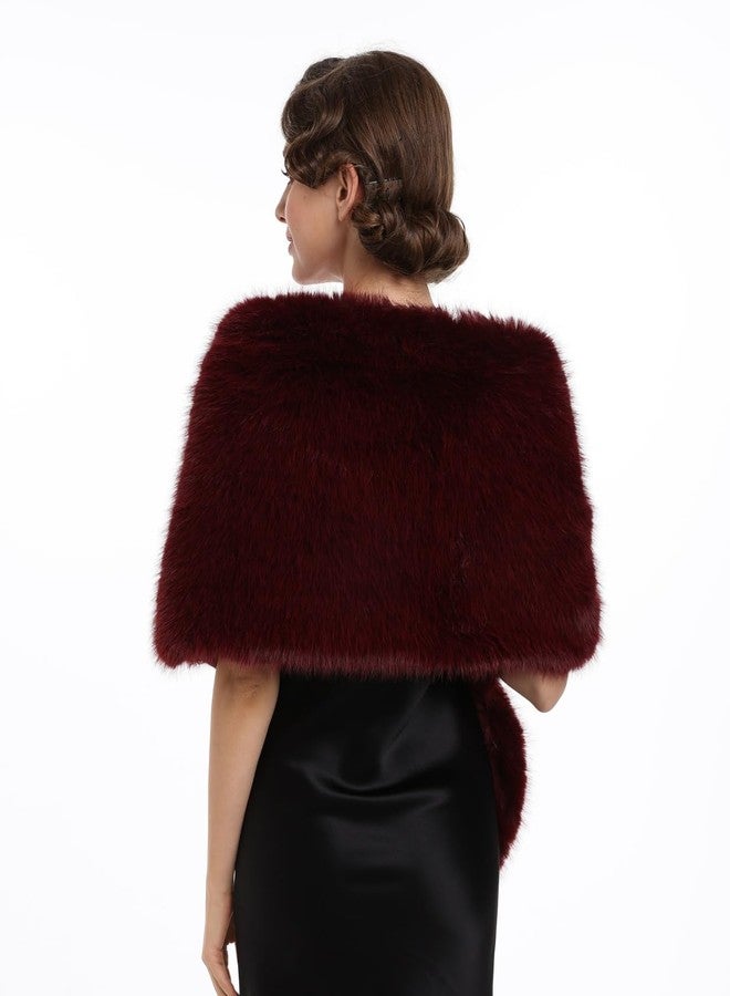 SAFERIN Women Luxurious Large Winter Faux Fur Scarf Wrap Collar Shrug for Lady Poncho Wedding Dinner Party (Shawl-Soild Burgundy) - Image 5
